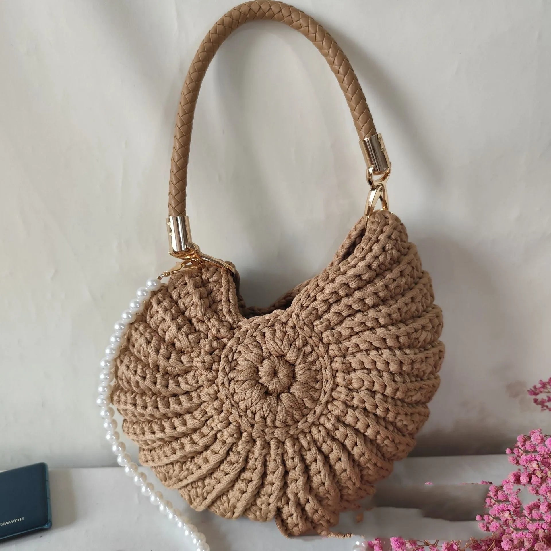Round handmade woven crossbody bag with pearl chain strap, 25x25cm, polyester, multiple colour options