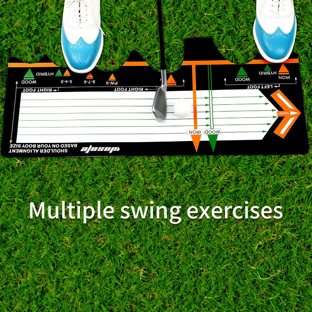 Black neoprene golf swing posture correction mat for stance training and alignment practice