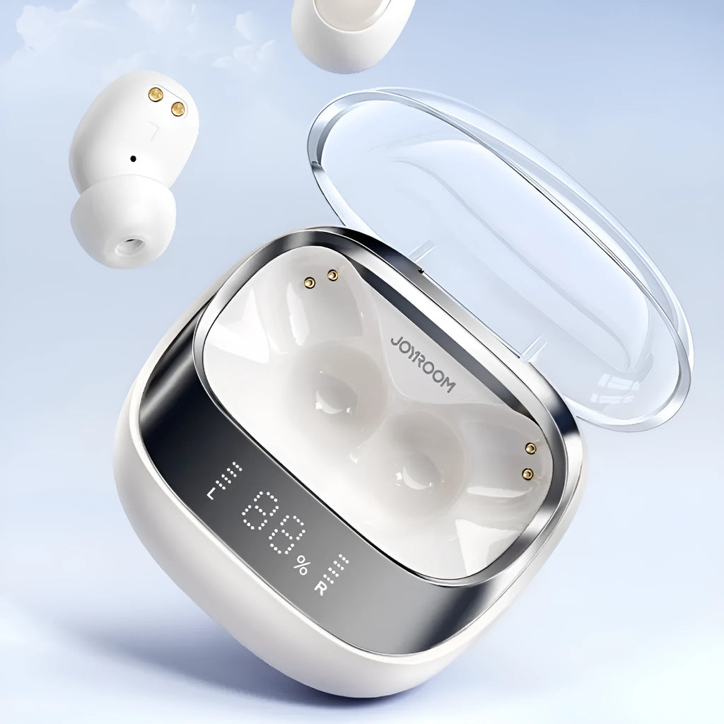 Beige wireless in-ear Bluetooth headphones and charging case on a table with USB-C cable.