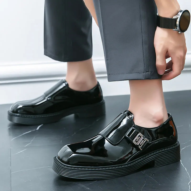 Men's glossy black platform loafers with hidden low heel for summer wear