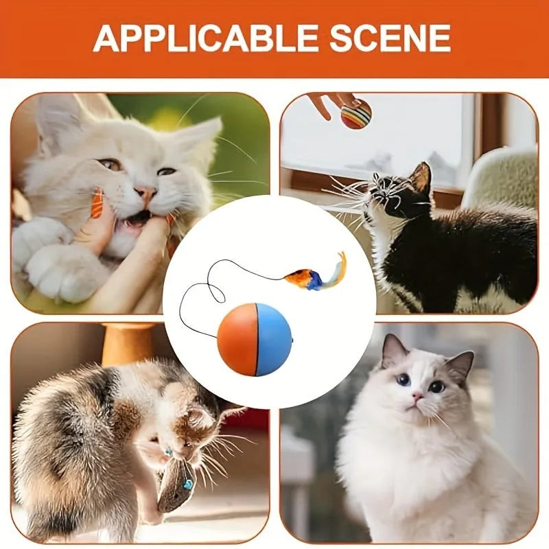 Interactive blue and orange cat toy ball with plush mouse measuring 8.5x8.5x9 cm