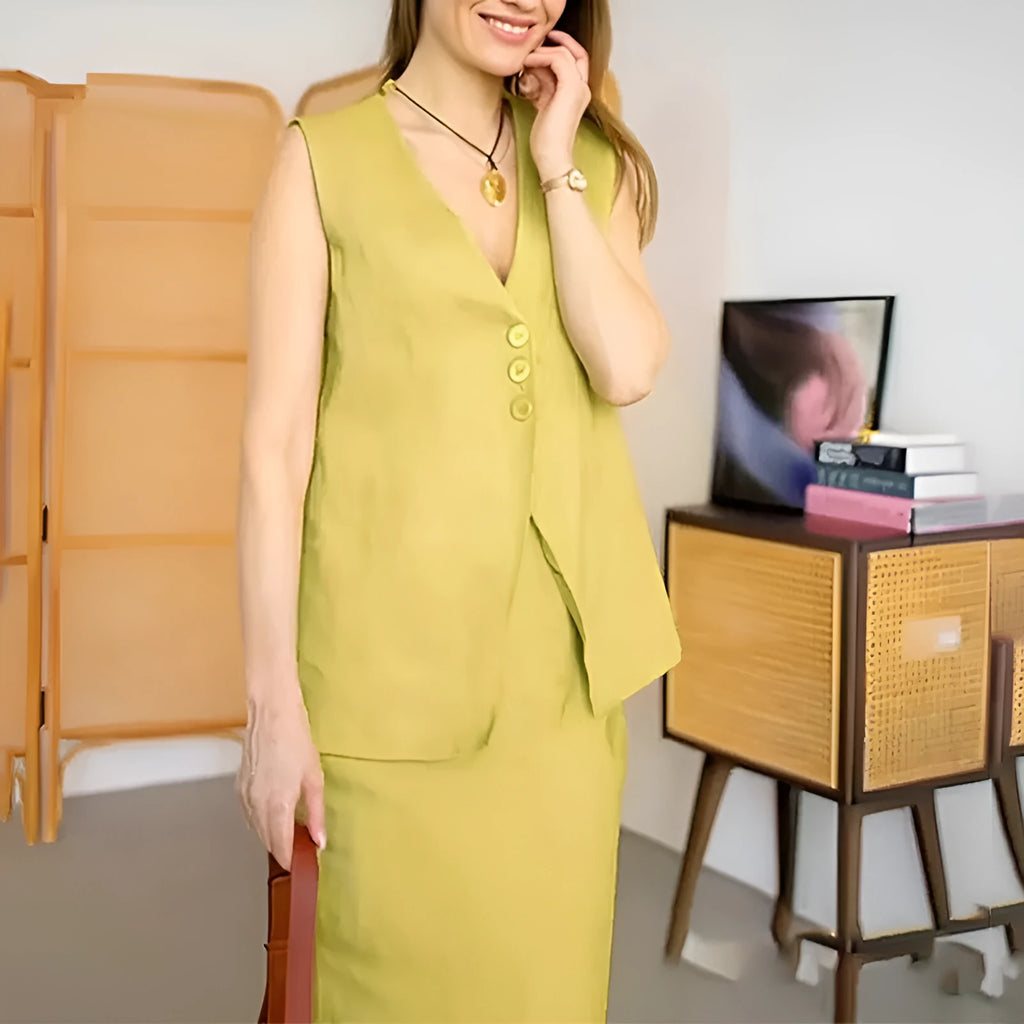 Women's loose blue polyester two-piece suit with sleeveless vest and long skirt on a hanger.