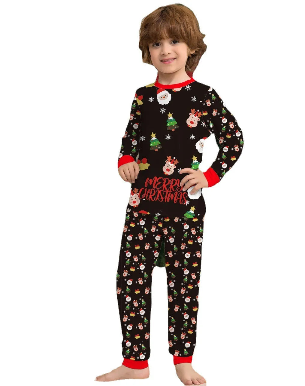 Family wearing matching Christmas pyjamas with plaid and cartoon prints, including adults, children and a dog in coordinated sleepwear