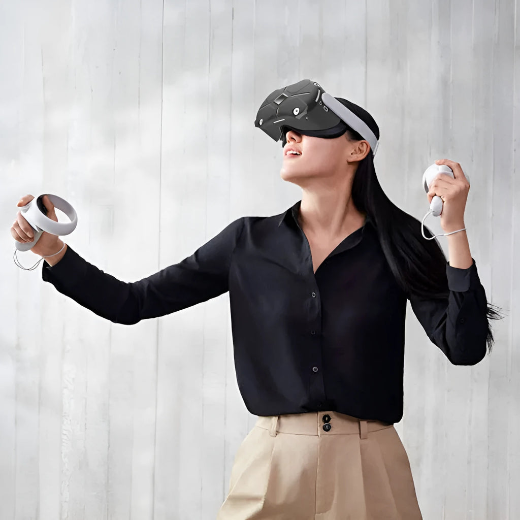 Black silicone VR accessory set showing glasses protective cover, eye mask, and controller handle grips.