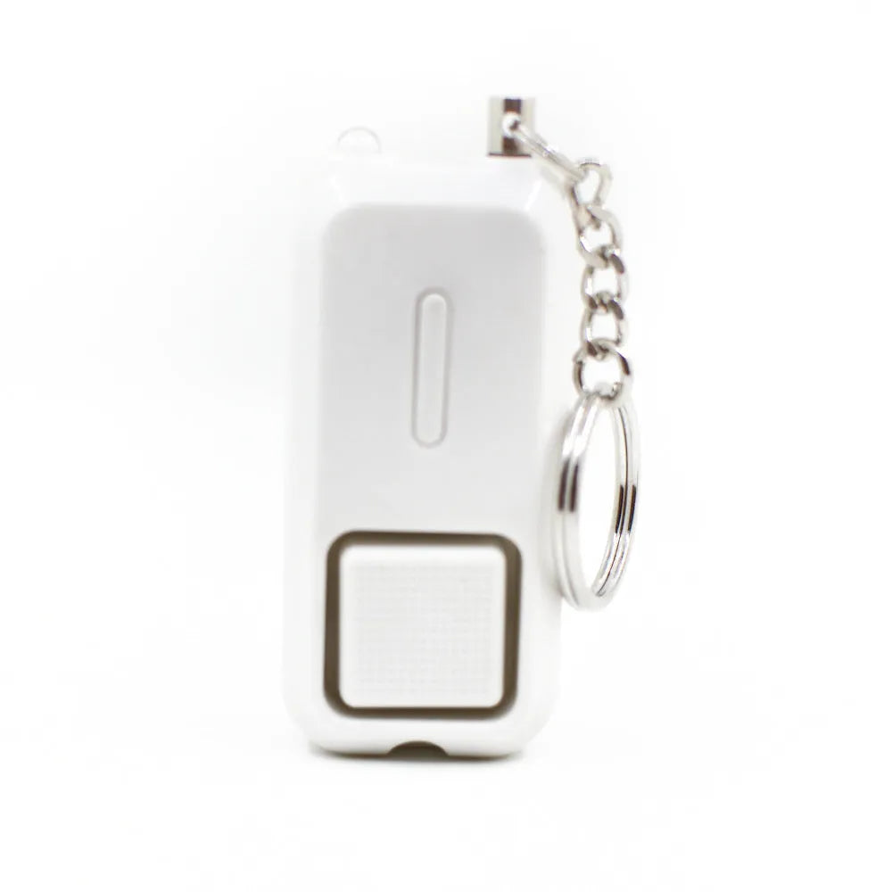 ZQ-202 personal safety alarm in pink, black, white, yellow, or green colours on a keychain.