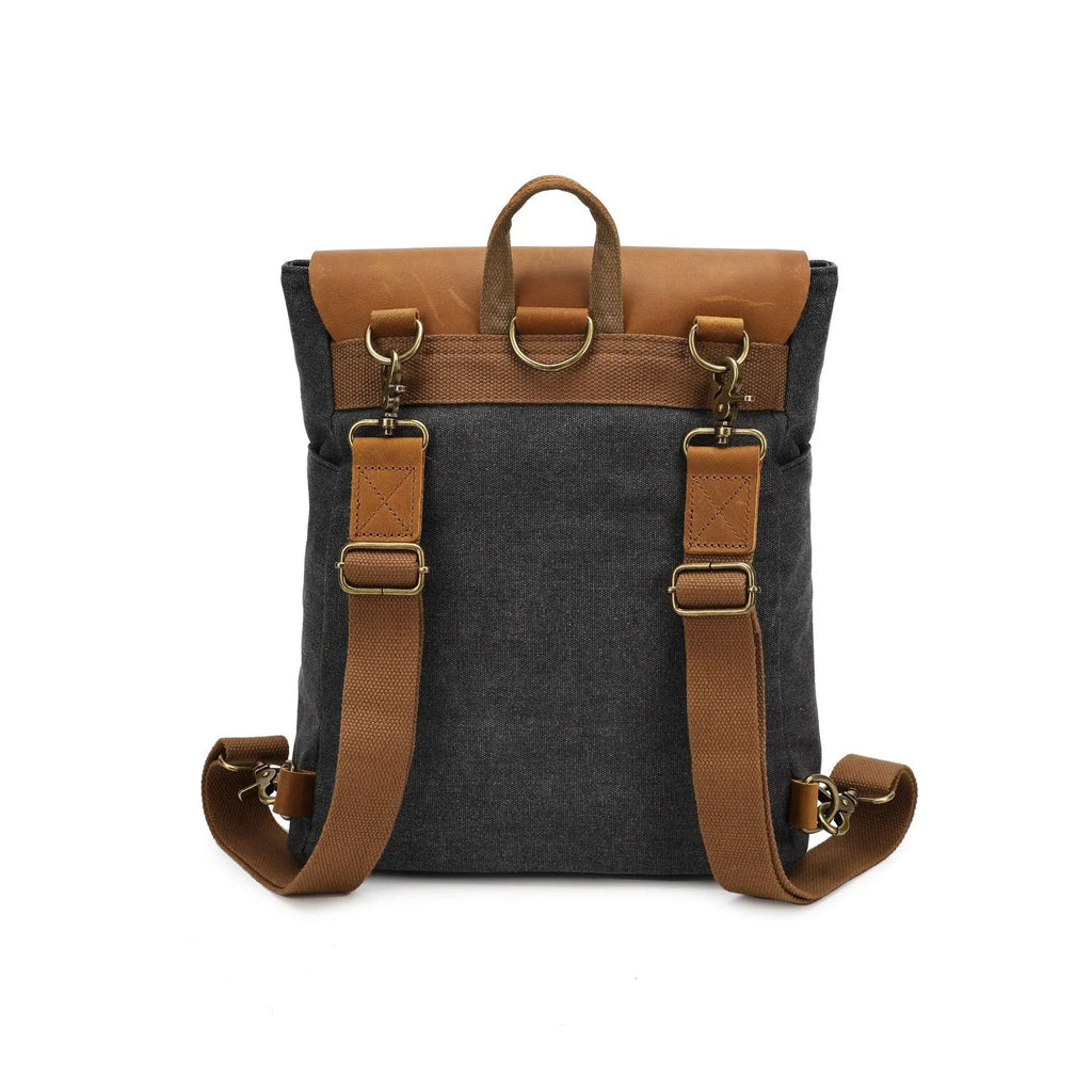 Crazy Horse Leather casual student backpack in waterproof canvas with splicing design