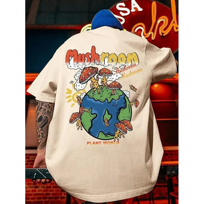 Men's short-sleeved casual T-shirt with a digital printed pattern, made from polyester fabric.