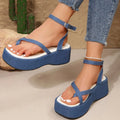 Women's denim thong sandals with split toe, thick flat PU sole and buckle, in Beige or Denim Blue