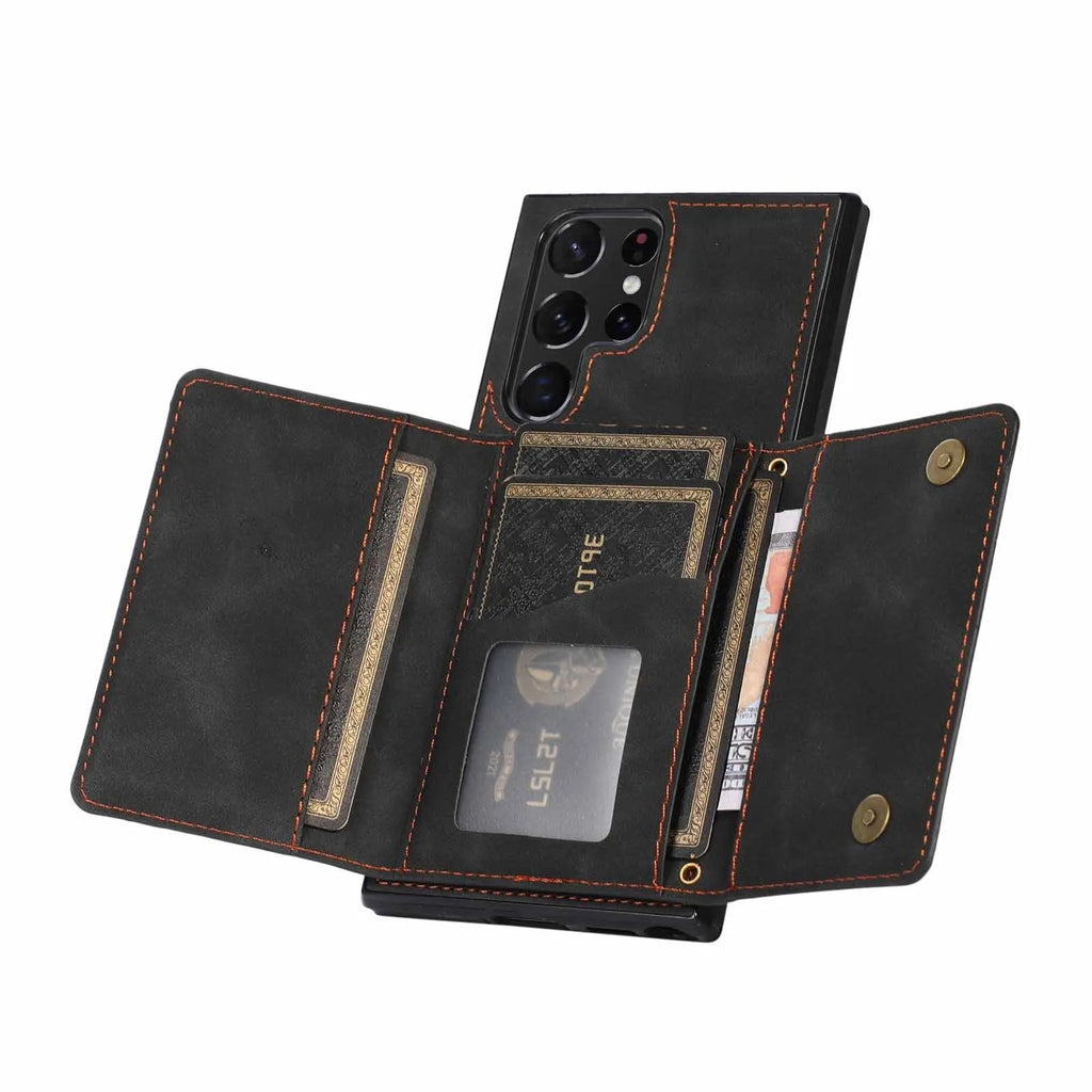 Three-fold wallet phone case with card slots for Samsung Galaxy in black
