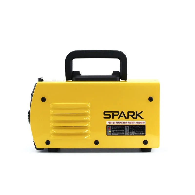 Household MMA-200MIN 220V DC inverter welding machine with cables, tongs, clamp, and face shield on a workbench.