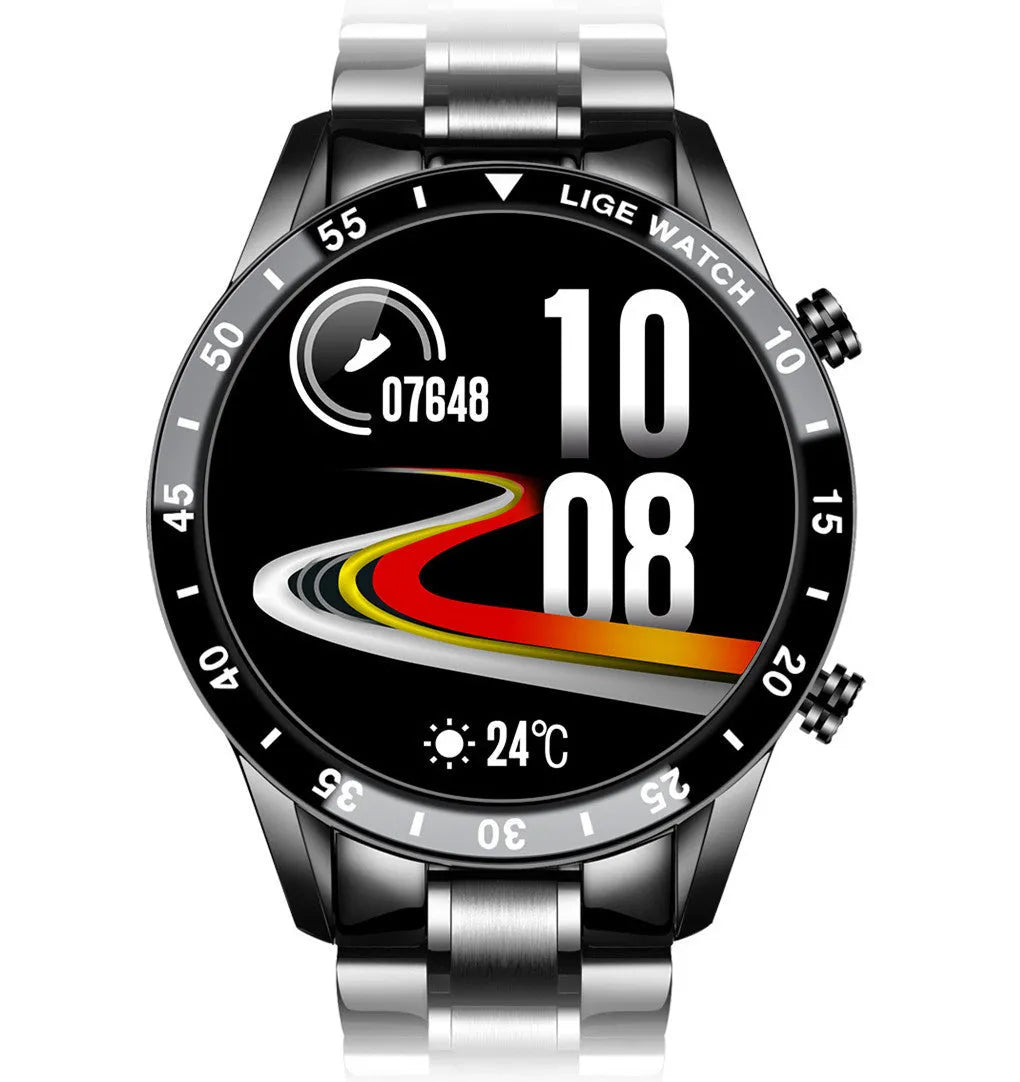 Silver stainless steel smart watch with black touch screen displaying step count
