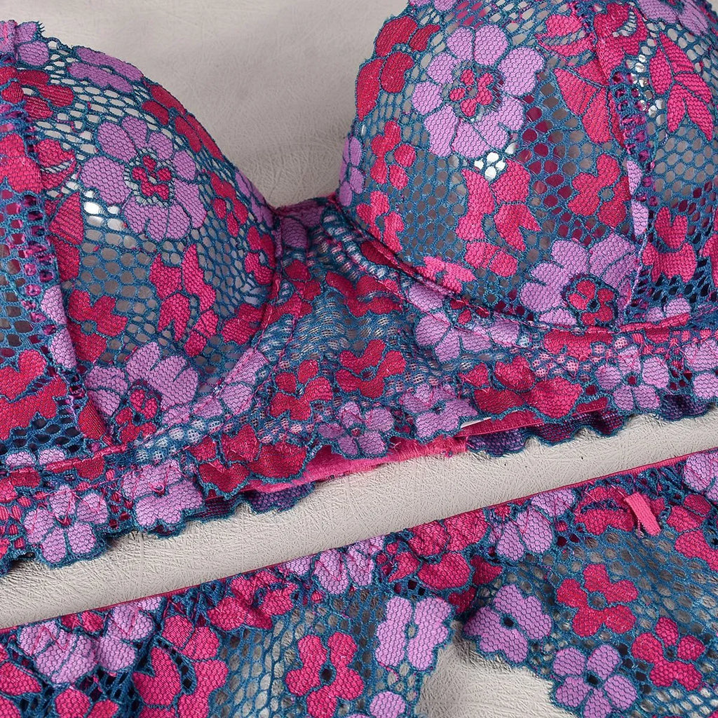 Rose red women's bikini with contrast embroidery detail, polyester fabric construction