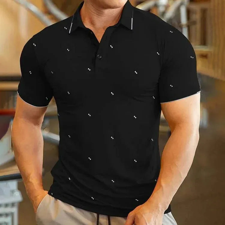 Men's short sleeve digital print sports top in black, white, red, and dark blue, sizes S to 6XL