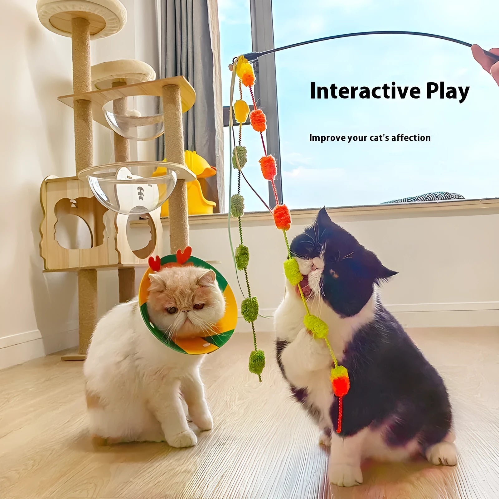 Rainbow cotton candy cat teaser wand with lengthening bar and bite-resistant tassel bell in plush material