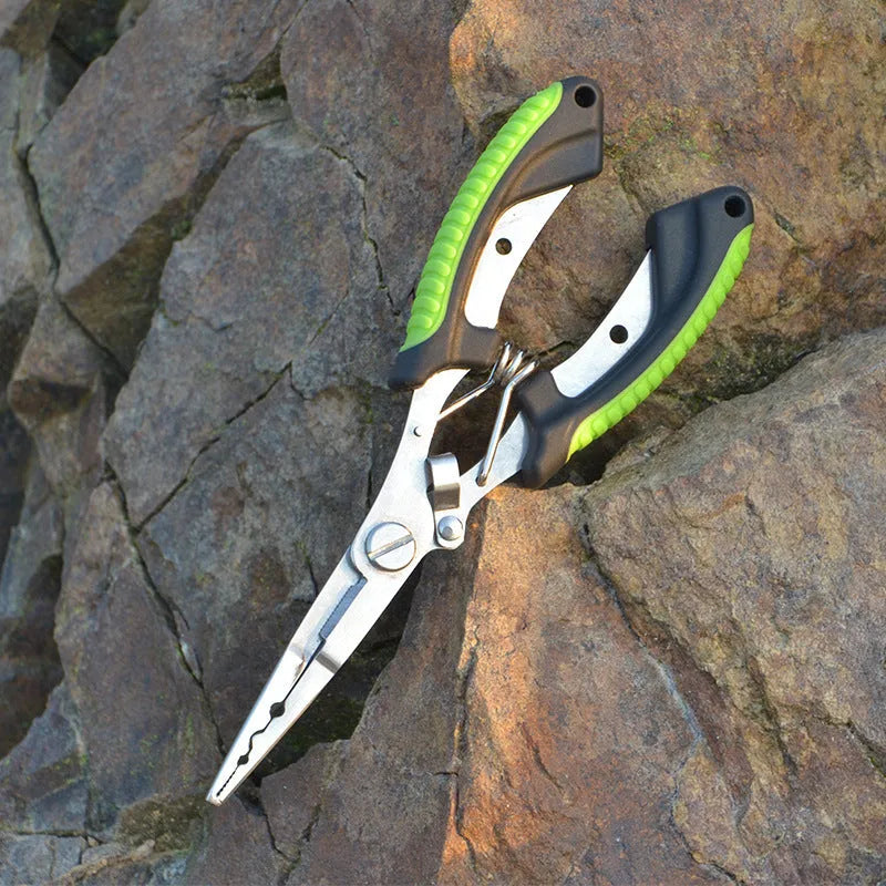 Medium-sized steel fishing pliers with coloured plastic handles and a nylon storage bag with strap.