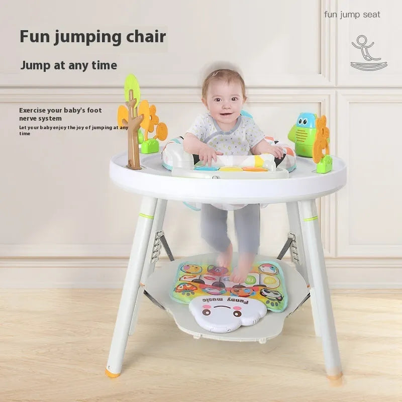 Baby jumping chair activity centre with bouncing frame and interactive toys in duck design.