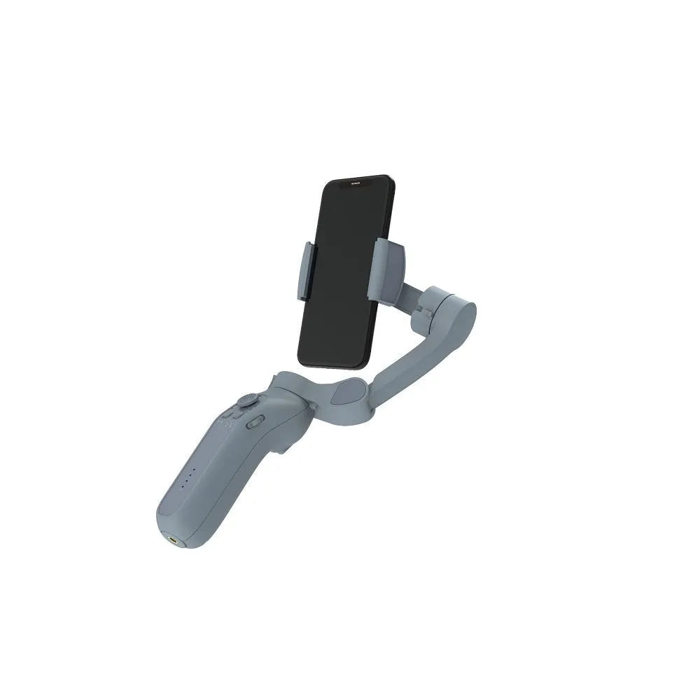 Folding three-axis mobile phone gimbal stabiliser shown in both unfolded and compact folded configurations