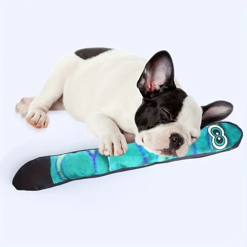 Blue and green plush snake dog squeaky toy with multicolour stripes