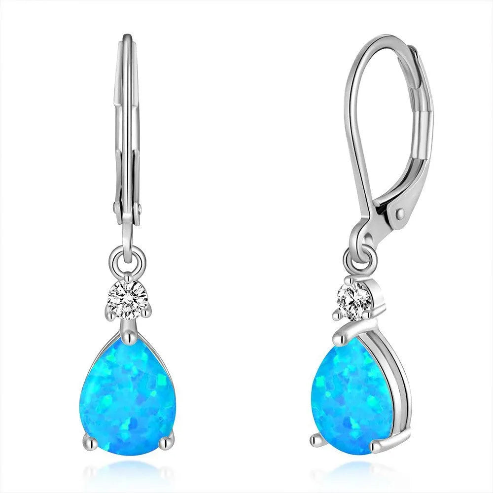 Copper zircon leaf shape earrings with water drop opal colour electroplated finish geometric U-shaped design