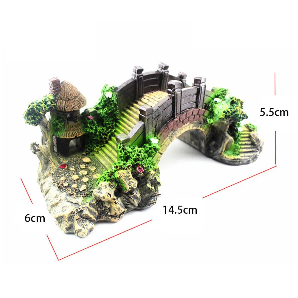 Resin black red arch bridge for fish tank landscaping decoration, 14.5cm length
