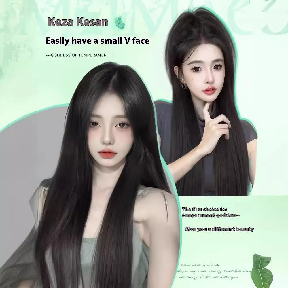 Female full-head wig with forehead lace construction in brown black colour with long straight styling