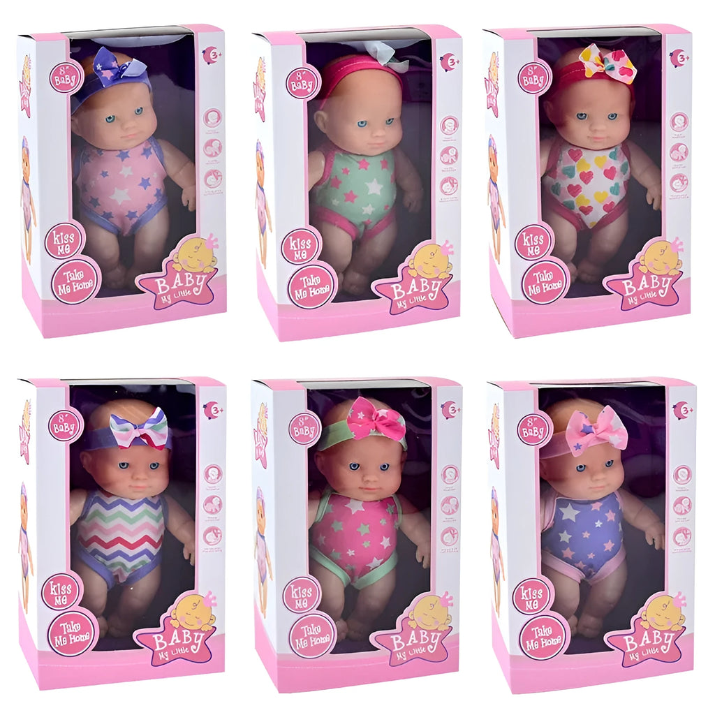 21.5cm tall simulation baby vinyl figurine doll in display box with six colour variant options