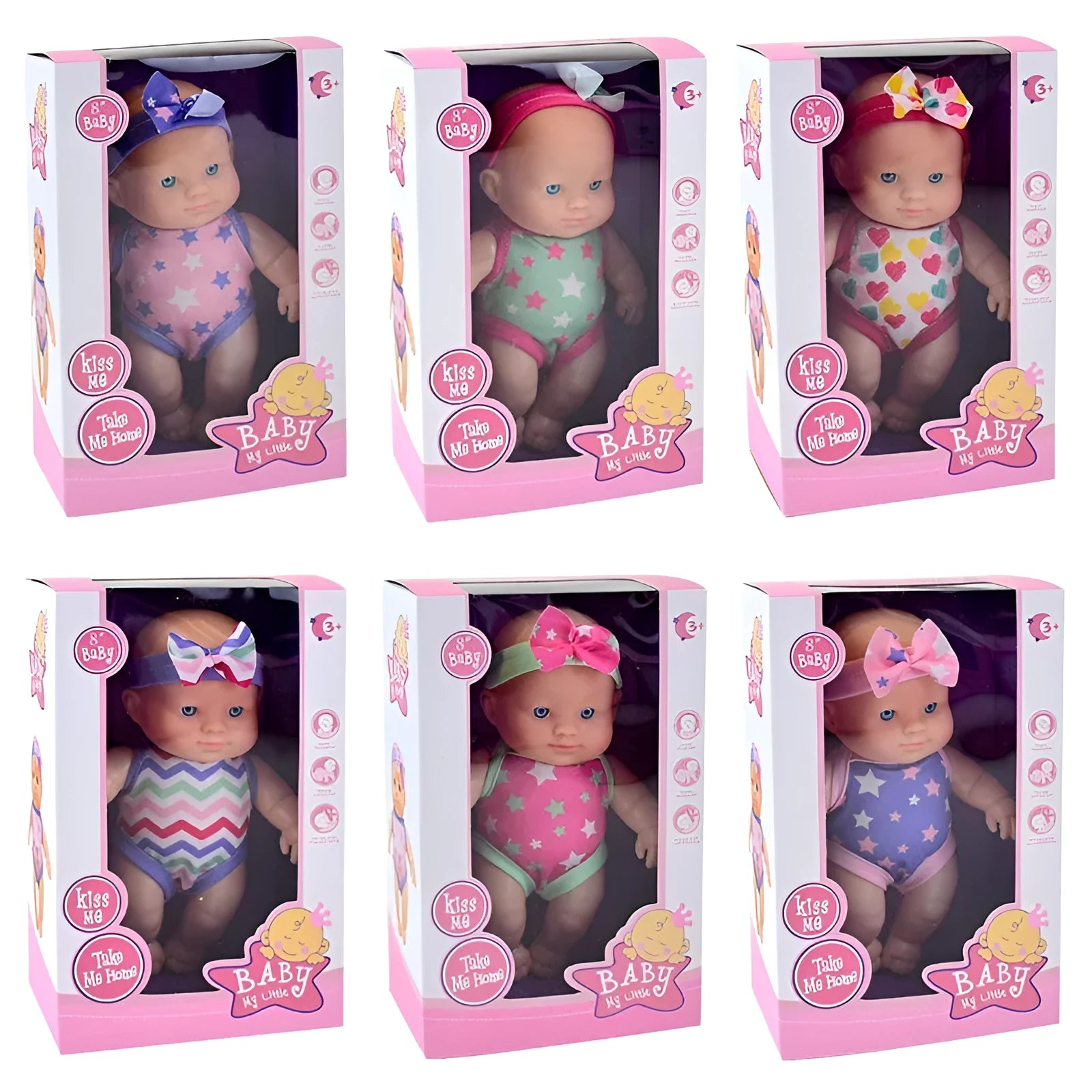 21.5cm tall simulation baby vinyl figurine doll in display box with six colour variant options