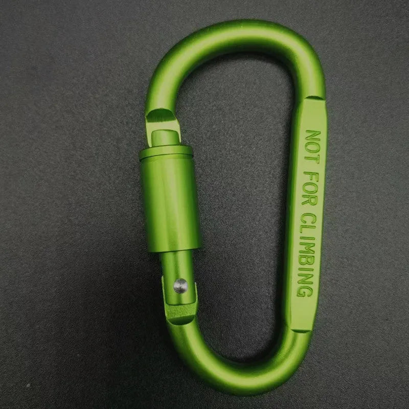 Silver D-shaped aluminium locking carabiner on a grey background.