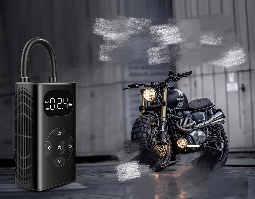 Black portable digital tyre inflator with LCD screen and flexible hose on a black aviation aluminium case.