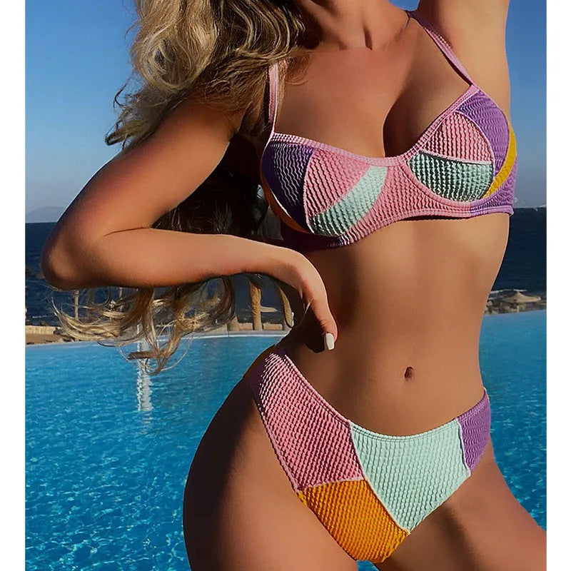 Ladies steel bracket push up bikini set with sleeveless top and matching shorts in colour matching design