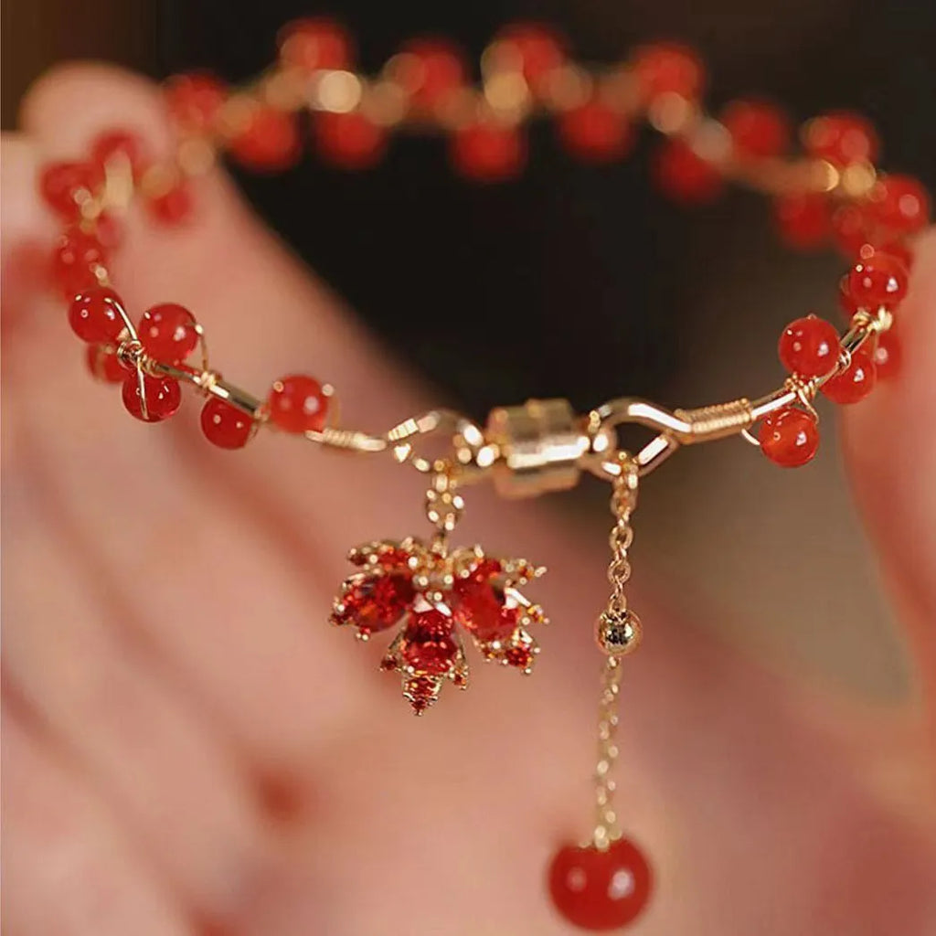 Red ginkgo leaf Chinese style magnetic bracelet with maple leaf girl design and electroplated alloy construction