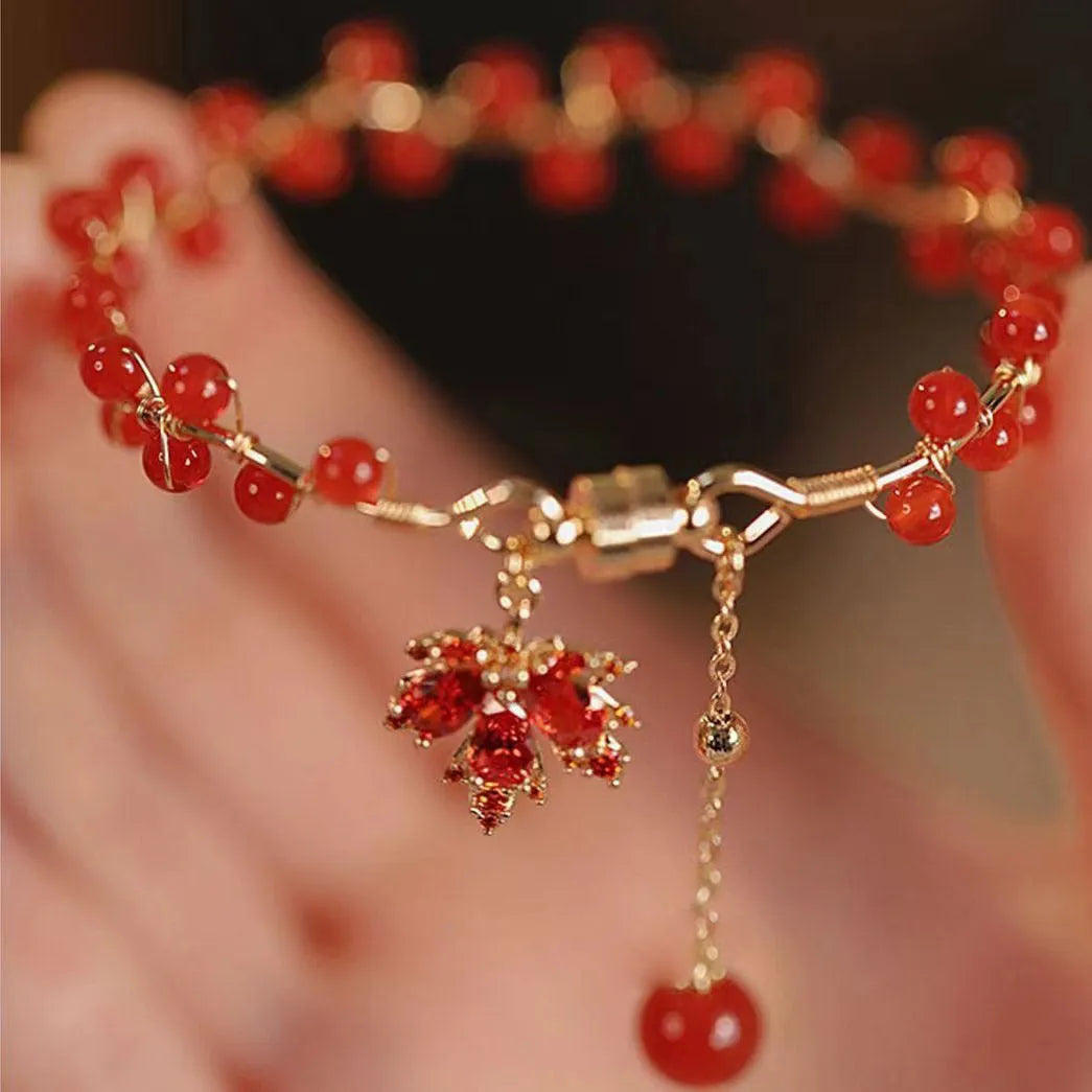 Red ginkgo leaf Chinese style magnetic bracelet with maple leaf girl design and electroplated alloy construction