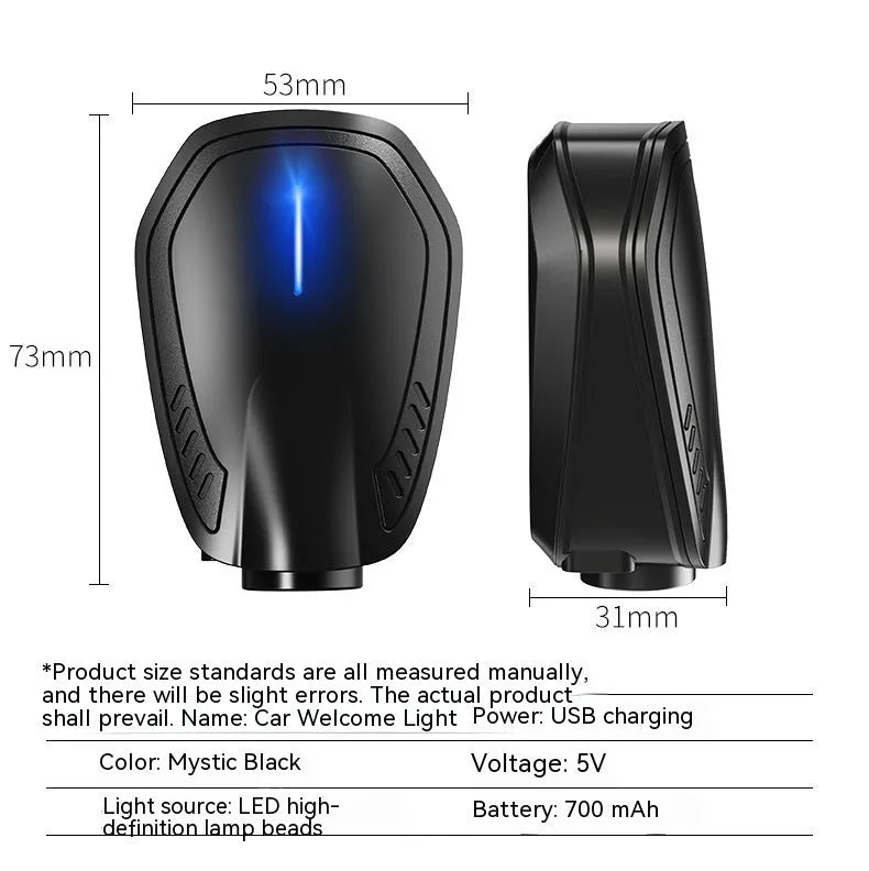 Black F2 rechargeable wireless car welcome light with magnetic base and USB charging port.