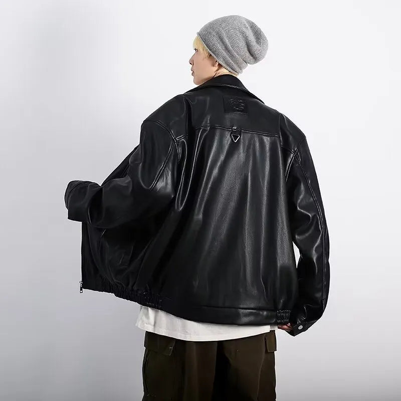 Black retro textured PU leather motorcycle jacket for men with loose fit