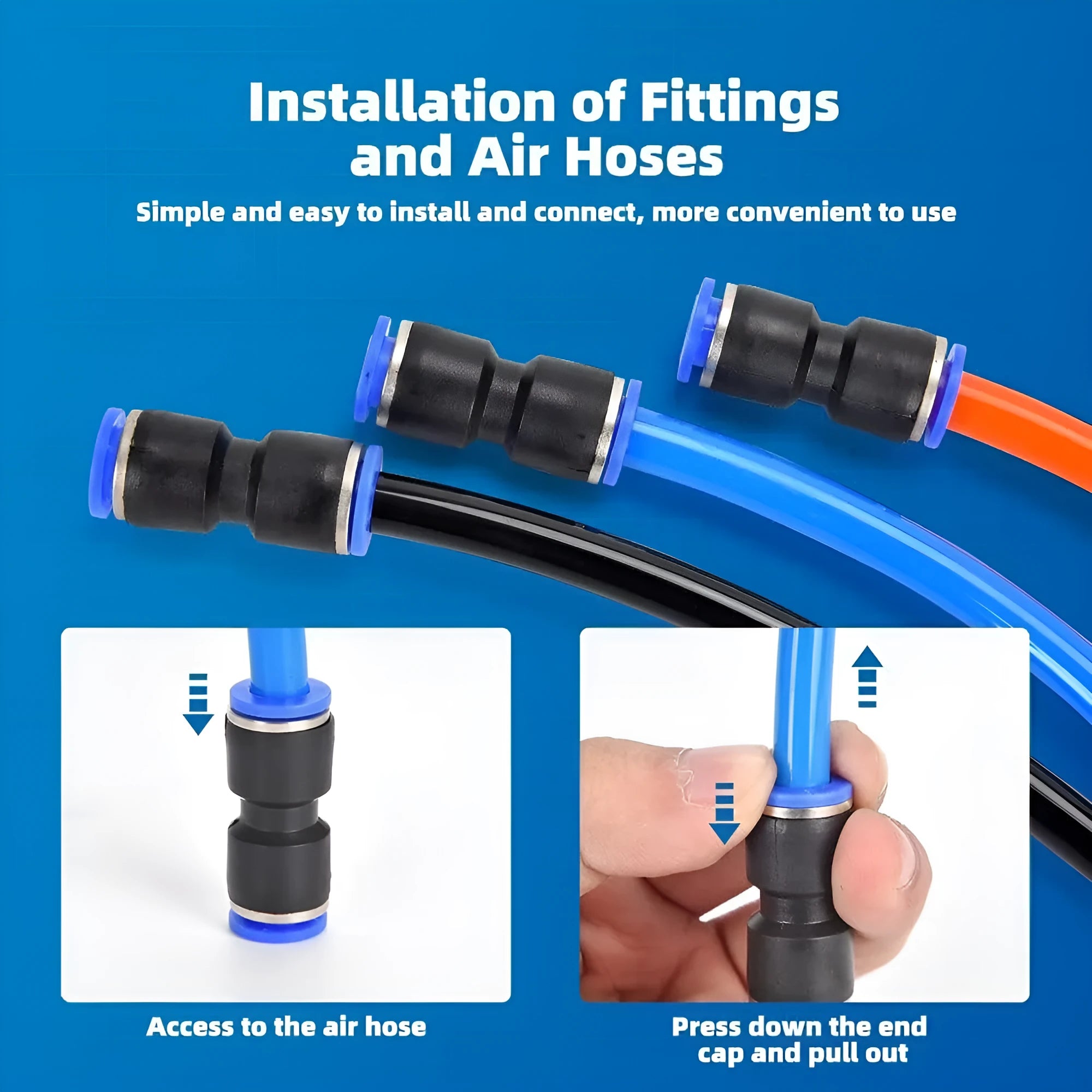 60-piece alloy plastic pneumatic push-in connector set with R1/4 and R1/2 threads.