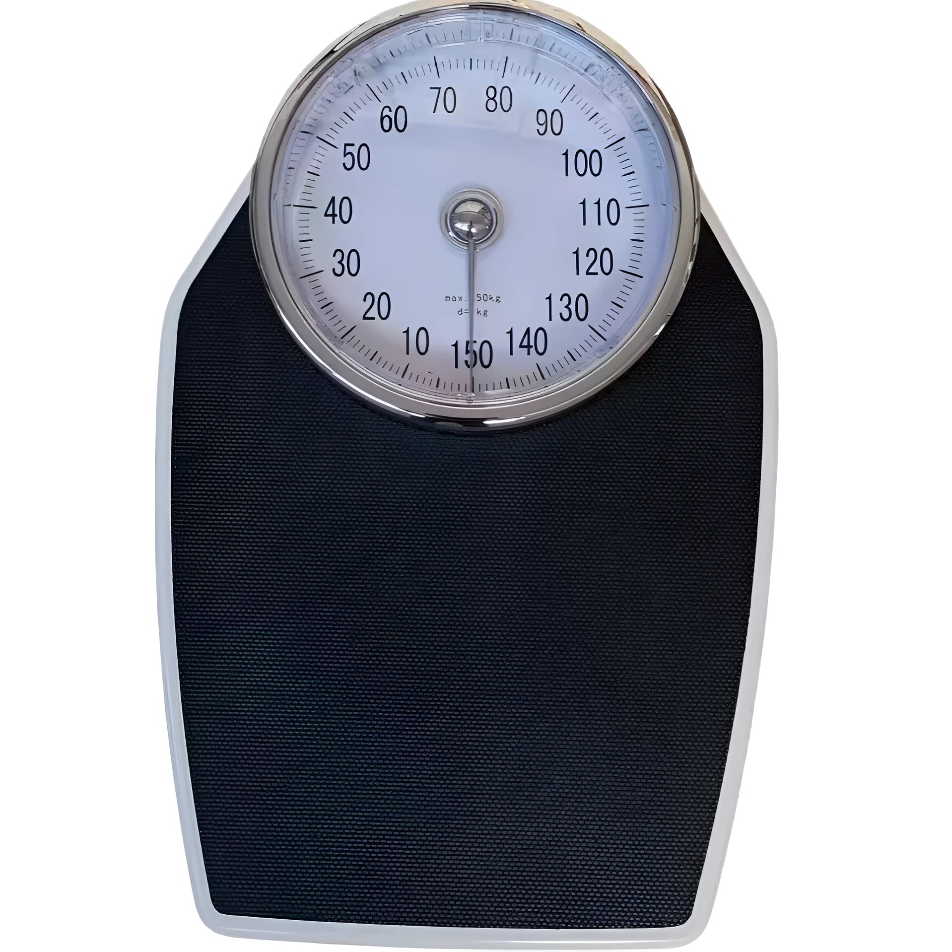 Black mechanical body weight scale with large dial and pointer on a simple platform