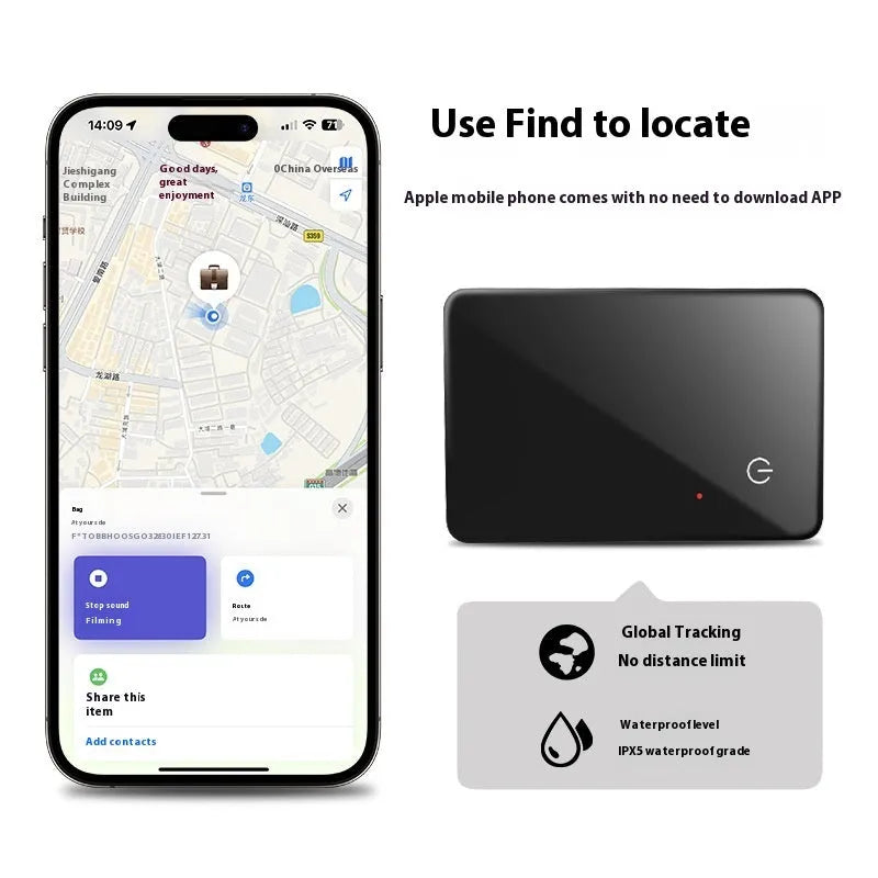 Black pet tracking card with wireless charging and NFC functionality