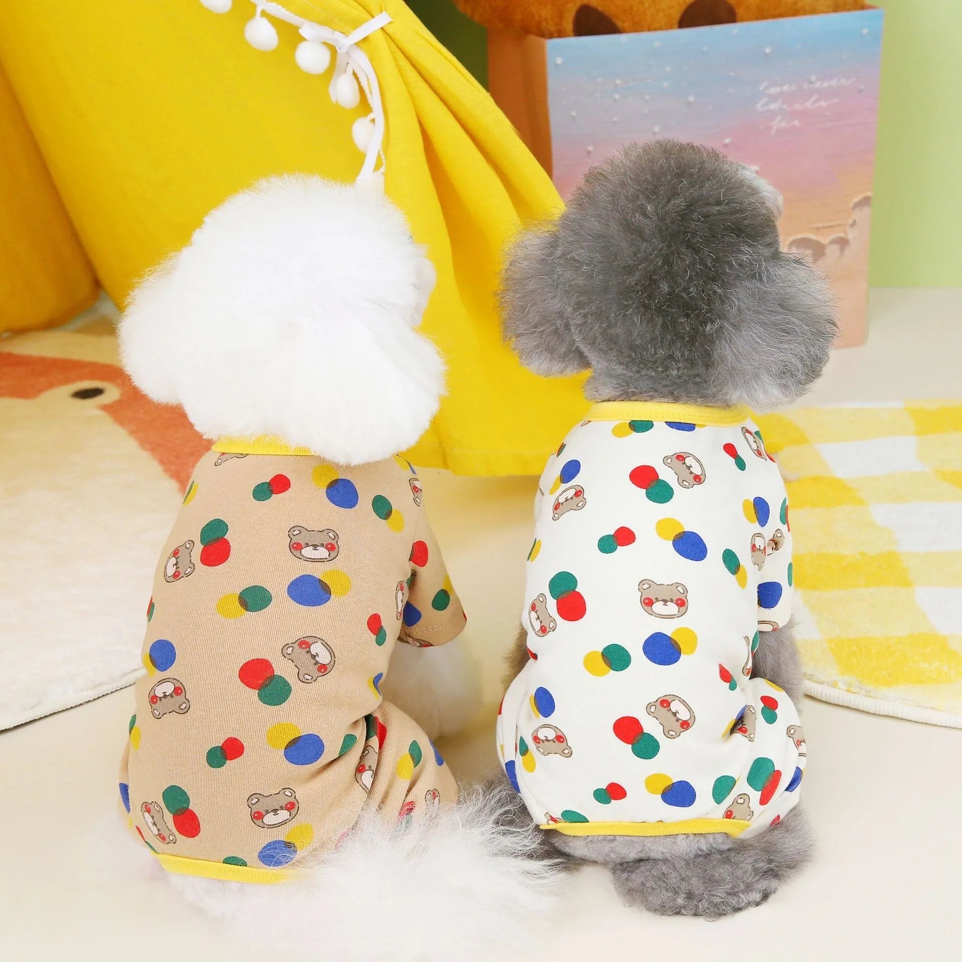 Beige and light brown dog jumpers with colourful ball bear design, sizes S to XXL