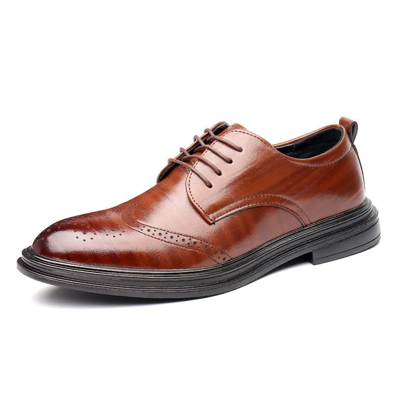 Men's anti-slip dress shoes with embossed grid pattern, round toe, and square heel in black