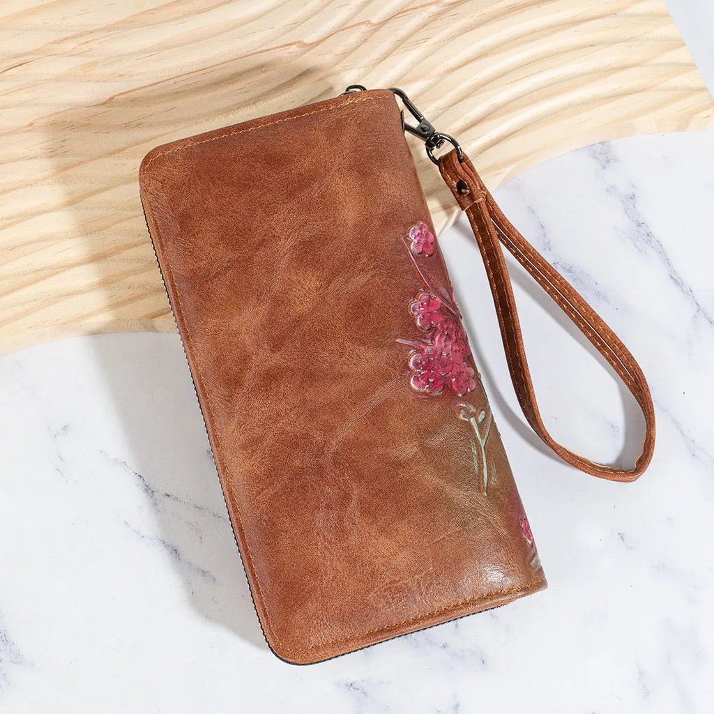 Embossed hand-painted floral pattern Chinese style zipper handbag in PU leather