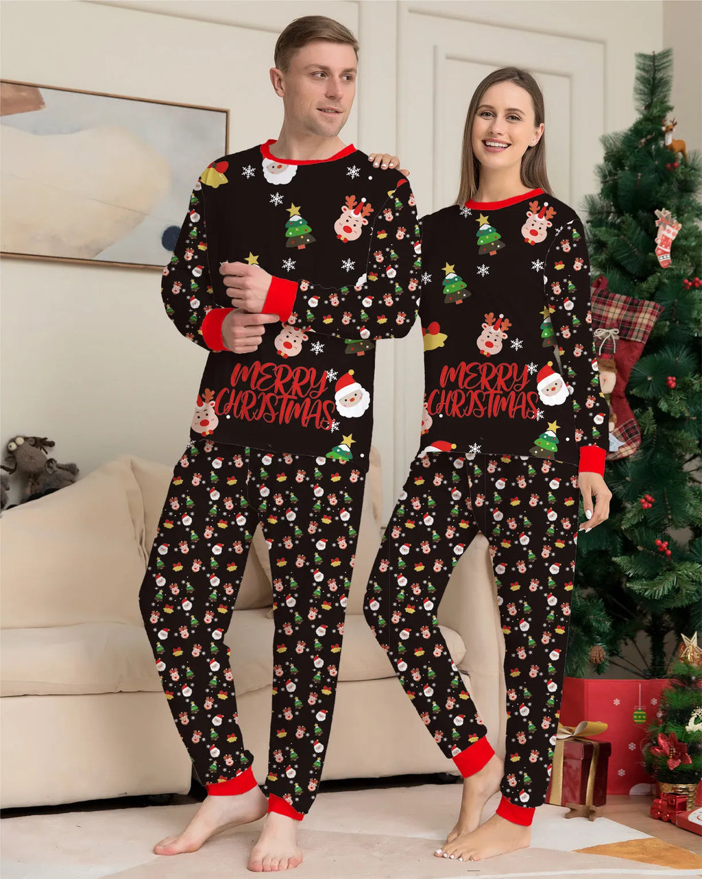 Family wearing matching Christmas pyjamas with plaid and cartoon prints, including adults, children and a dog in coordinated sleepwear