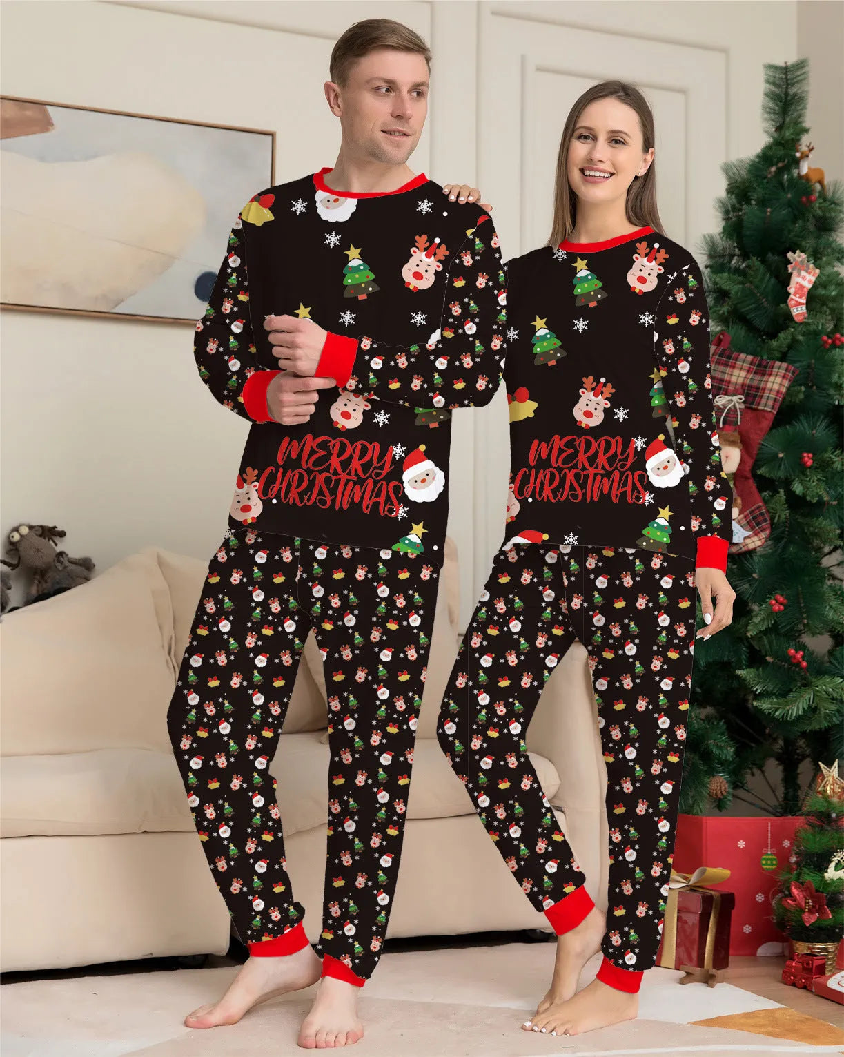 Family wearing matching Christmas pyjamas with plaid and cartoon prints, including adults, children and a dog in coordinated sleepwear