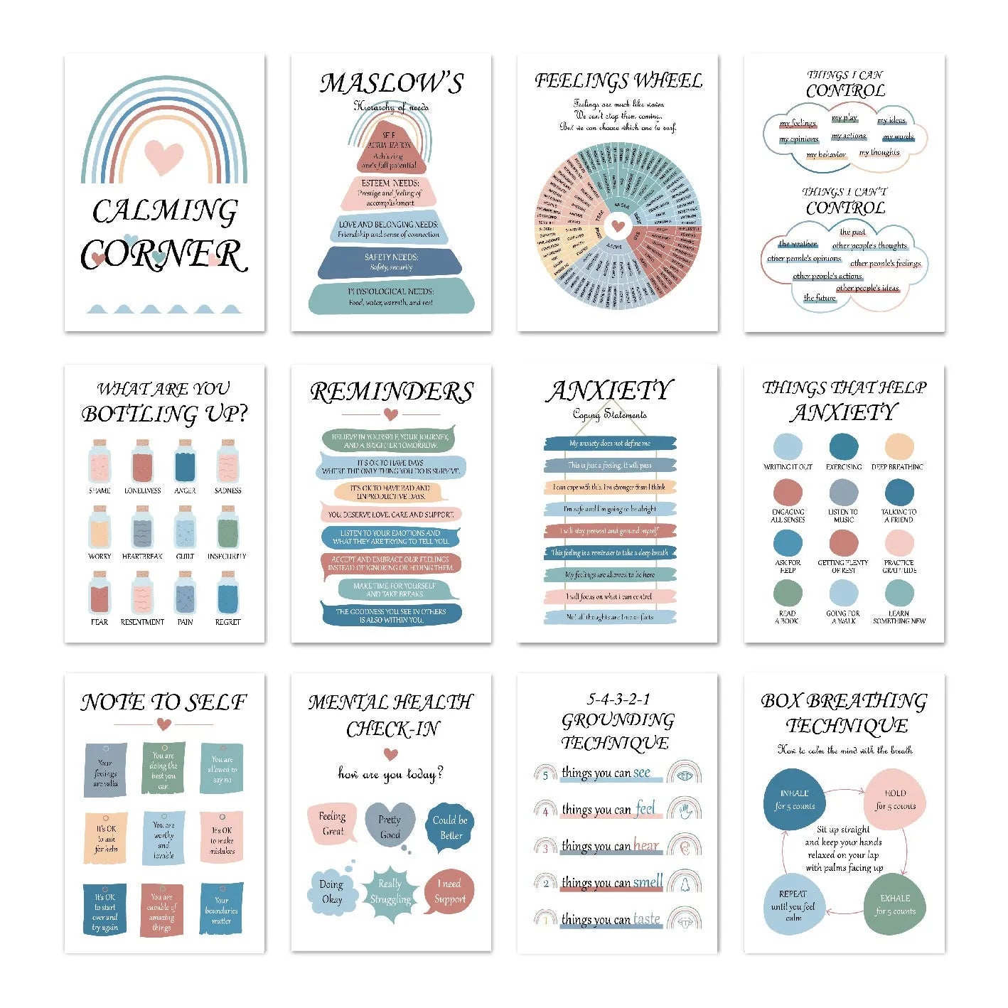 Set of 12 mental health posters with bright film finish, each 255x355mm, on a white background with 60 glue dots