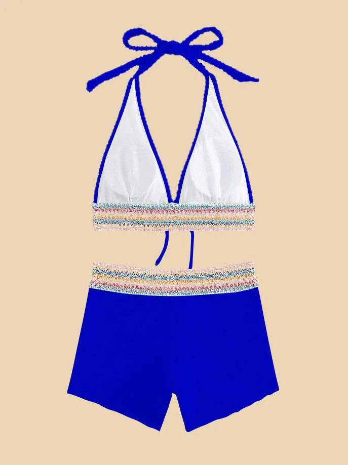 Women's high-waisted bikini suit in striped and solid colours