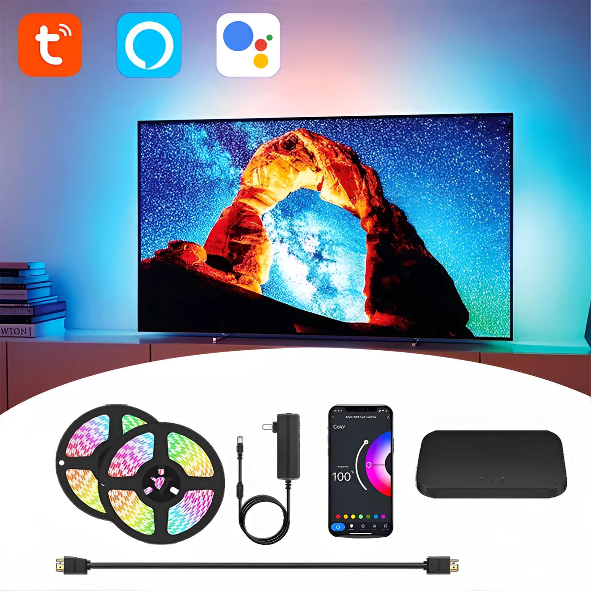 TV atmosphere light with graffiti smart projector curtain background lighting on a large screen
