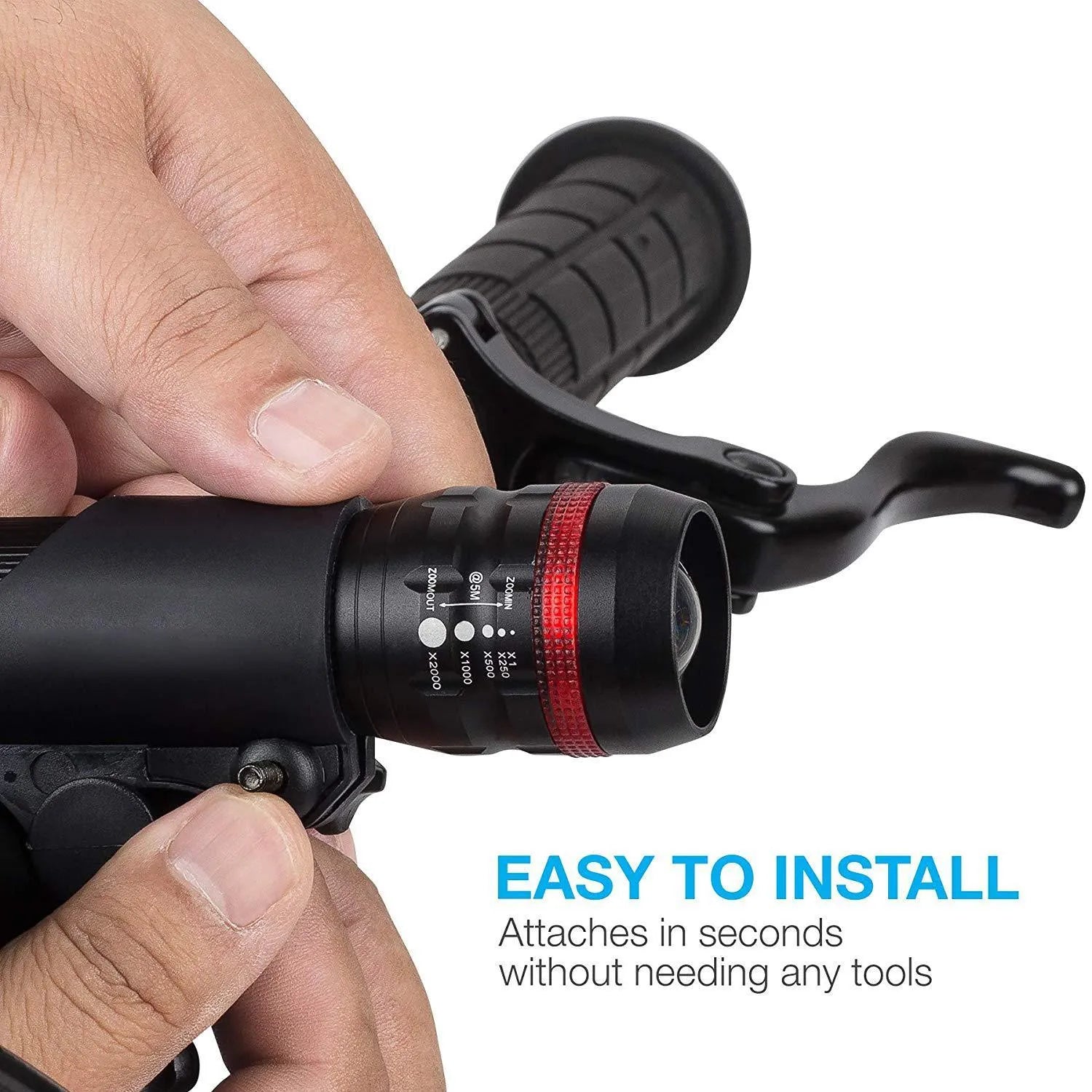 Bicycle headlight and red taillight set with a handlebar mounting bracket.
