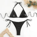 Women's lace-up bikini in metallic colour with adjustable ties and polyester fabric.