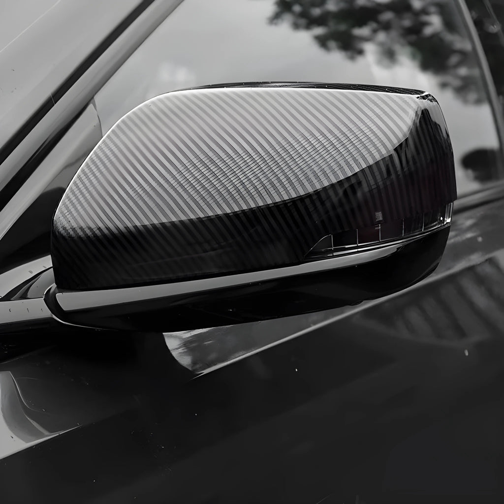 Pair of ABS rearview mirror covers for Cadillac CT5 CT6 in carbon fibre, silver, and rain frame styles.