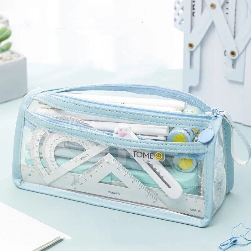 Transparent double-layer pencil case showing internal compartments and stationery organisation