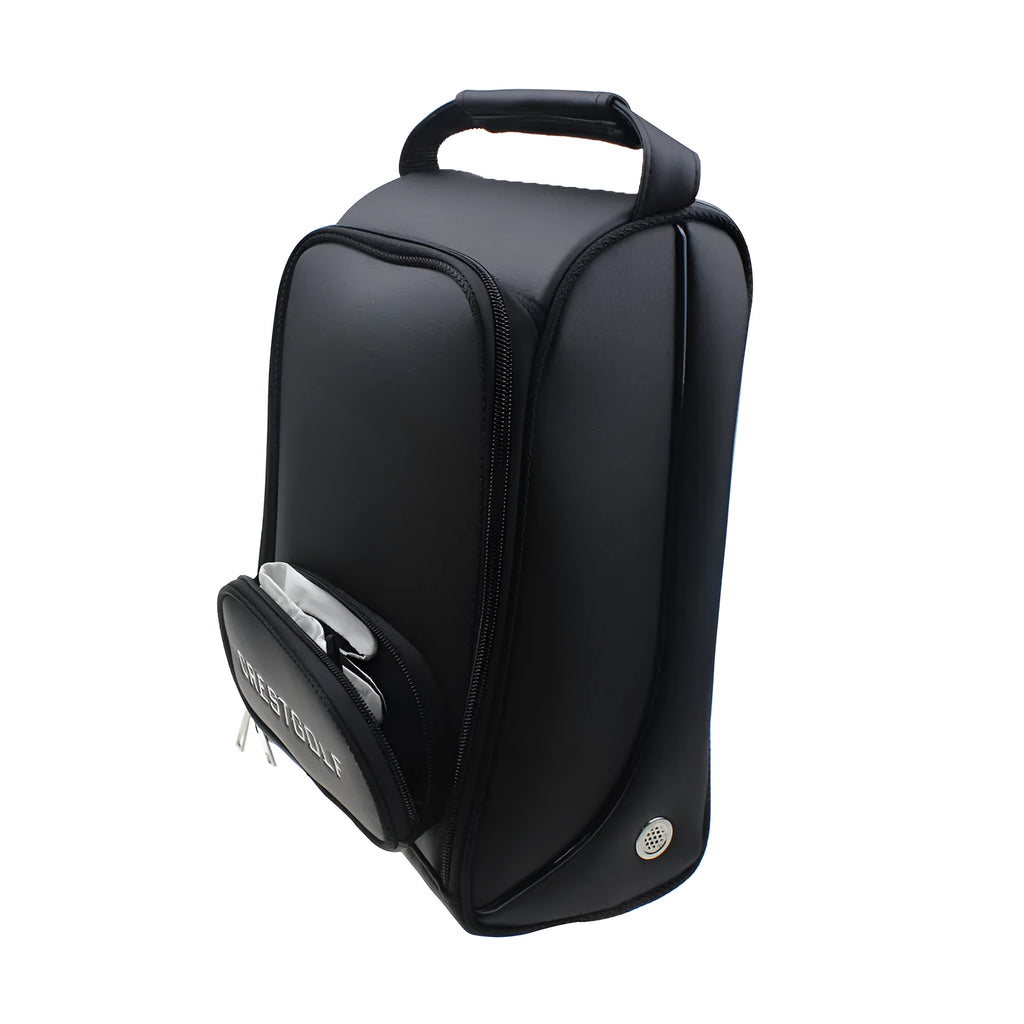 Black PU golf shoe bag with zippered closure for men's dust-proof storage and travel